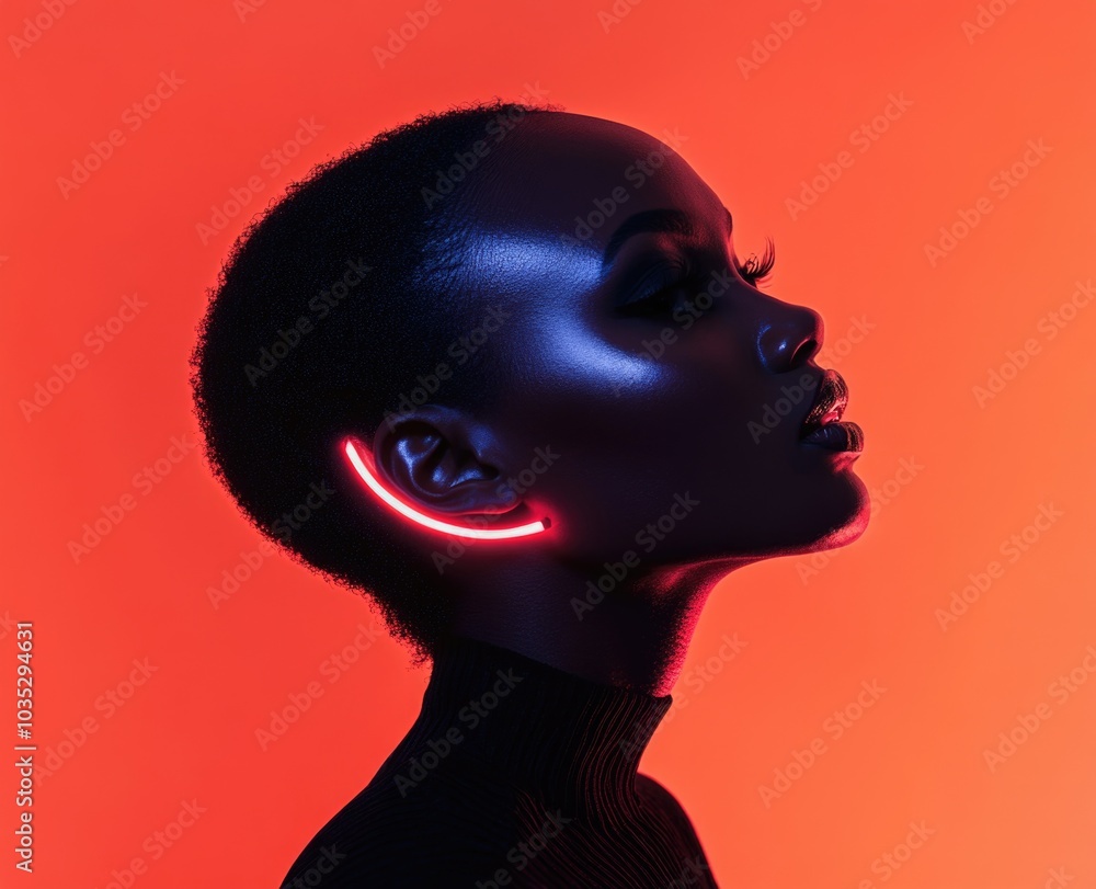 A Black woman with neon light illuminating her face, captured in a fashion photography style. A Black woman with neon light illuminating her face, captured in a fashion photography style.