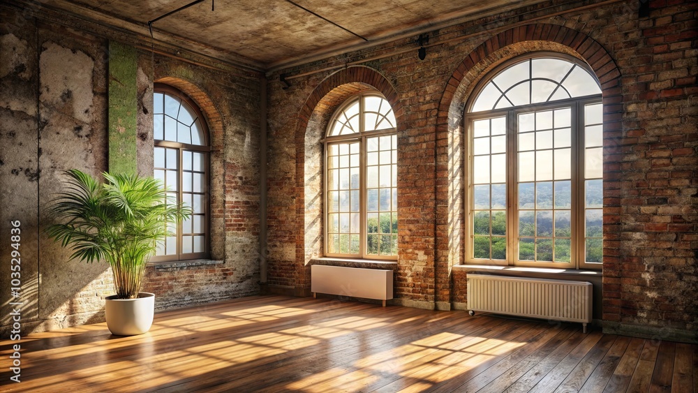 Sunlight streams through arched windows in a spacious room with exposed brick walls and hardwood floors, a potted plant adds a touch of greenery. Sunlight streams through arched windows in a spacious room with exposed brick walls and hardwood floors, a potted plant adds a touch of greenery.