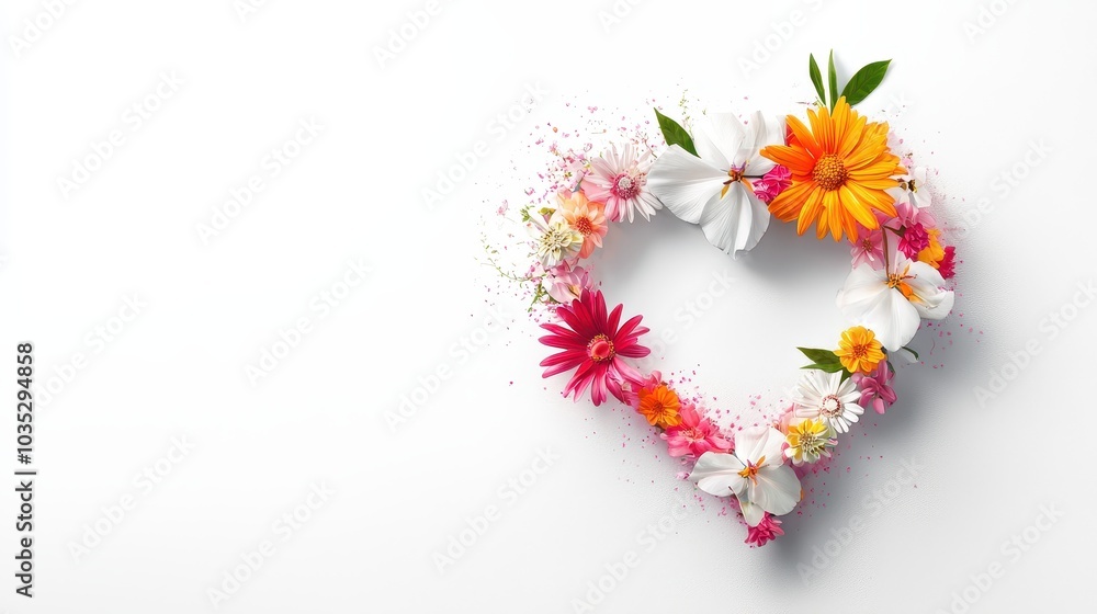 A romantic heart design made from a wreath of colorful flowers, set against a white backdrop for an elegant, fresh look A romantic heart design made from a wreath of colorful flowers, set against a white backdrop for an elegant, fresh look