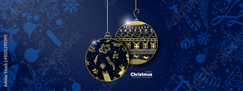 Merry Christmas and Happy Holidays Greeting Card Banner with hanging golden Christmas ball ornament,  framed by soft monochromatic Christmas winter decorations on blue background. Vector Illustration. photo