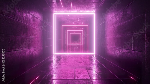 Abstract neon light corridor with pink glow in a dark room. photo