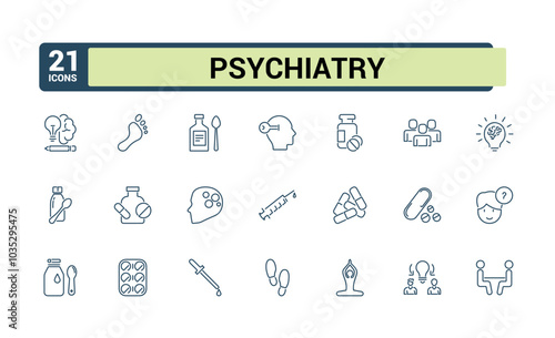 Psychiatry icons. Set of Psychology and mental thin linear style icons. Related to Treatment, Therapy, Psychological. Vector Illustration.