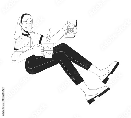Coffee break office worker woman phone scrolling app feed black and white 2D line character. Blonde female employee mug holding isolated vector outline person. Monochromatic spot illustration