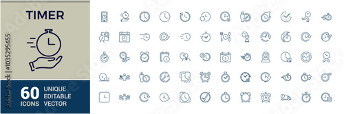Timer line icon set. Clock and timer, alarm, bell, speed,  deadline, stopwatch, timekeeper, calendar and watch outline icon collection.