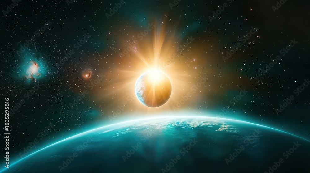 Obraz premium A serene space background filled with stars, distant galaxies, and an ethereal glow of light surrounding a nearby planet