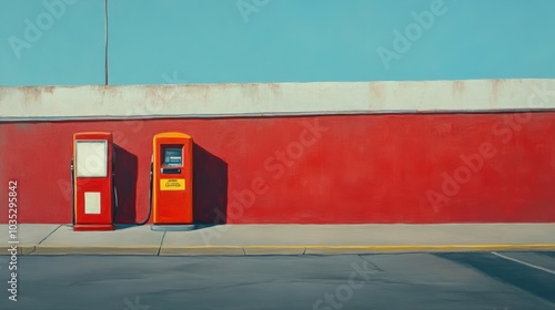 Fototapeta Naklejka Na Ścianę i Meble -  Vintage gas station scene with red wall and text space