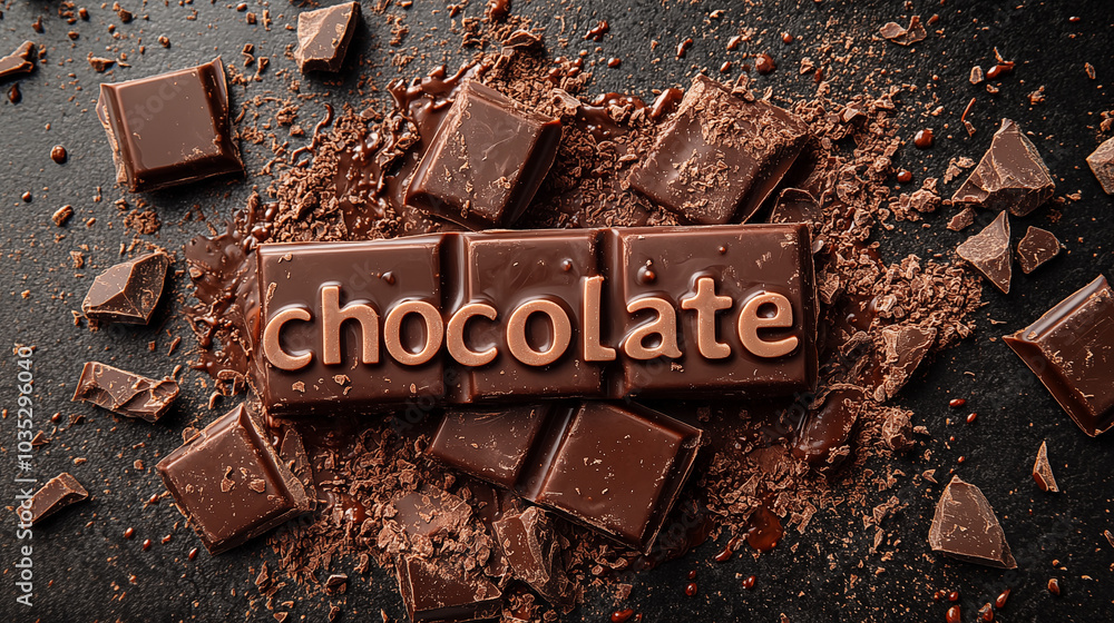 Chocolate bar with word CHOCOLATE and pieces of chocolate on dark background Chocolate bar with word CHOCOLATE and pieces of chocolate on dark background