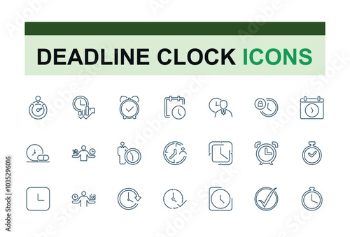 Timer line icon set. Clock and timer, alarm, bell, speed,  deadline, stopwatch, timekeeper, calendar and watch outline icon collection.
