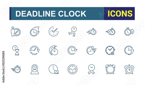 Timer line icon set. Clock and timer, alarm, bell, speed,  deadline, stopwatch, timekeeper, calendar and watch outline icon collection.