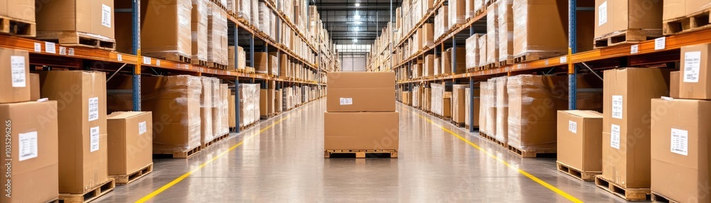 Wide-angle view of warehouse aisles, systematic arrangement, seamless operation Wide-angle view of warehouse aisles, systematic arrangement, seamless operation
