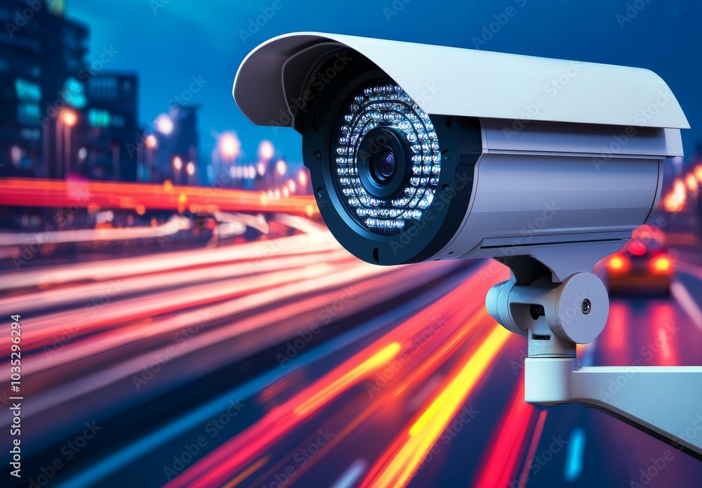 High-Tech Security Camera Overlooking Urban Highway with Traffic Data High-Tech Security Camera Overlooking Urban Highway with Traffic Data