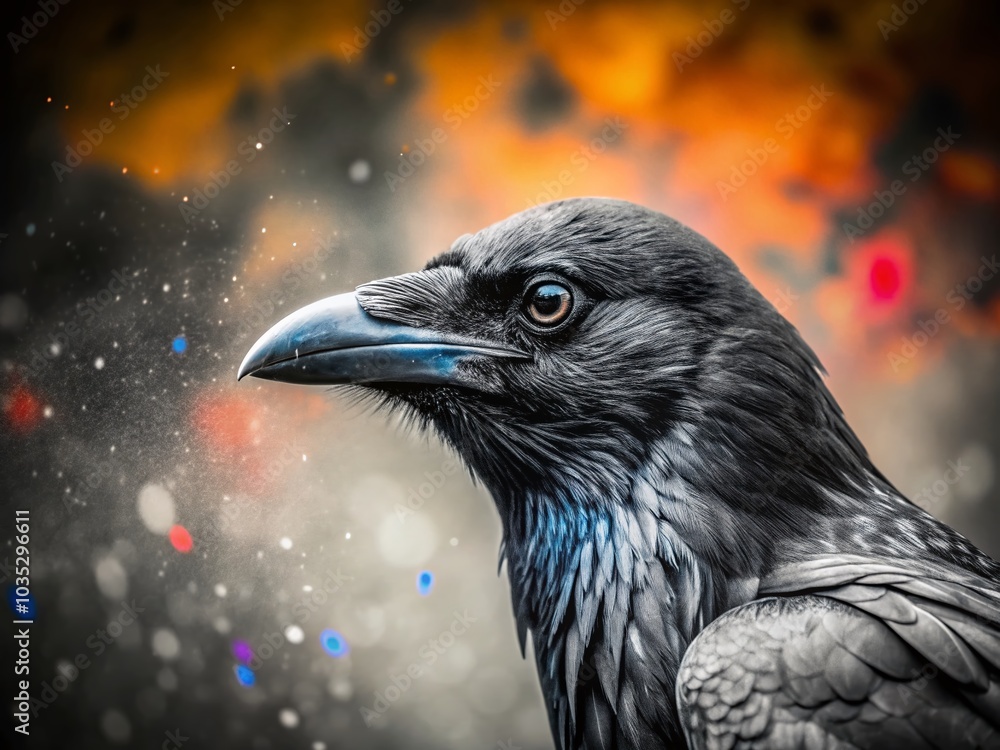Fototapeta premium Black and White Crow Photography with Vivid Splatter Effect for Nature Enthusiasts