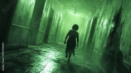 Lone Figure in Abandoned Hallway with Greenish Tint