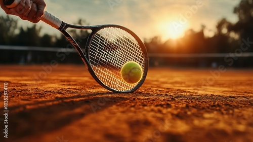 Tennis racket hitting ball on clay court during sunset. Captures action and sport under vibrant golden sky, highlighting athletic movement.