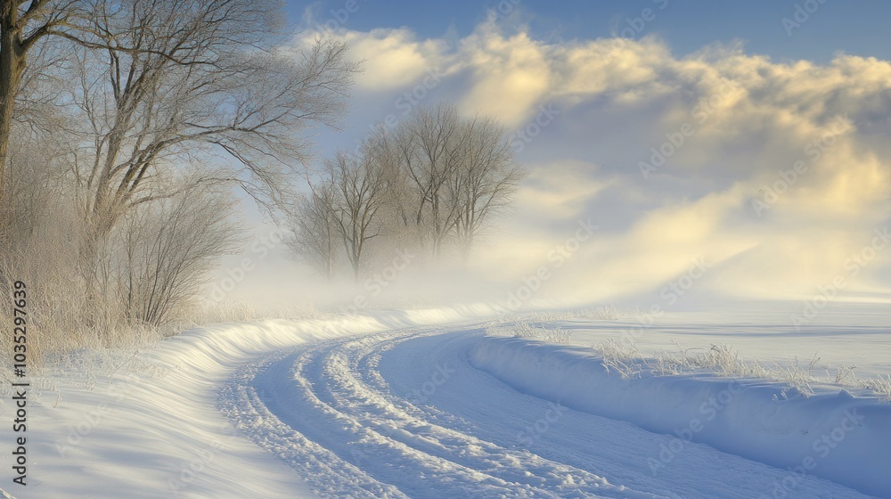 A Snowy Path Winding Through a Foggy Winter Landscape A Snowy Path Winding Through a Foggy Winter Landscape