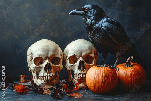 Skulls with Halloween pumpkins and a raven on a dark table. Halloween concept background  with generative ai