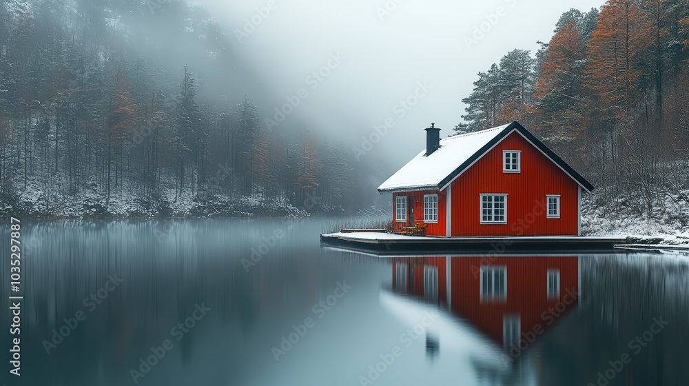 Red house sitting on top of a lake in the middle of a snow covered mountain range Red house sitting on top of a lake in the middle of a snow covered mountain range