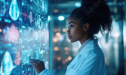 A young Black woman doctor looking at the digital display of medical images on an interactive screen.