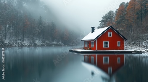 Red house sitting on top of a lake in the middle of a snow covered mountain range