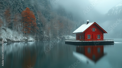 Red house sitting on top of a lake in the middle of a snow covered mountain range photo