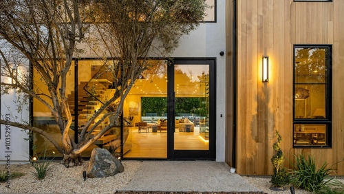 Modern home exterior with glass doors and warm lighting.