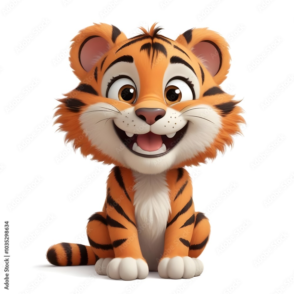 A cute cartoon tiger cub with large eyes sitting on the white Background A cute cartoon tiger cub with large eyes sitting on the white Background