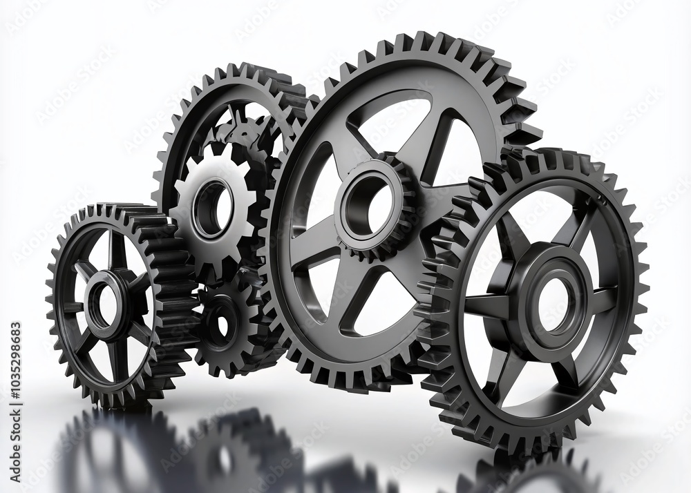 Black Gears Isolated on White Background - 3D Animation for Industry and Mechanism Concepts Black Gears Isolated on White Background - 3D Animation for Industry and Mechanism Concepts