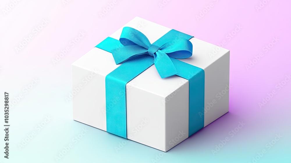 Delightful glass gift box adorned with a blue ribbon against a soft purple background in a captivating isometric view Delightful glass gift box adorned with a blue ribbon against a soft purple background in a captivating isometric view