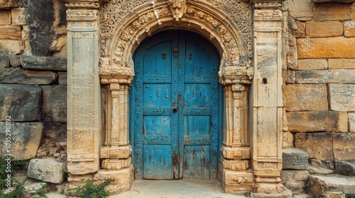 Wallpaper Mural A beautifully weathered blue door stands proudly in a historic stone structure, showcasing the intricate details of its archway and the rich history it represents. Torontodigital.ca