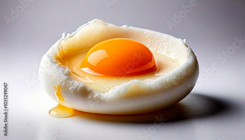 A beautifully cracked egg with a smooth, vibrant orange yolk nestled in textured egg whites, showcasing a striking contrast of colors and textures in perfect harmony.