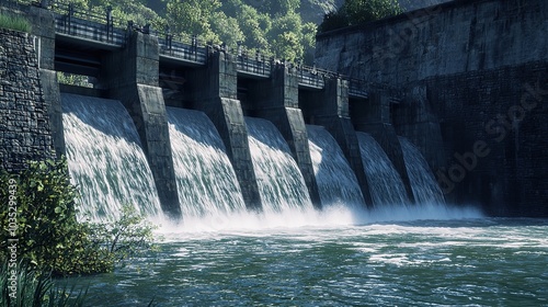 Generative ai on theme of hydroelectric power energy plant with large turbines and water spills photo