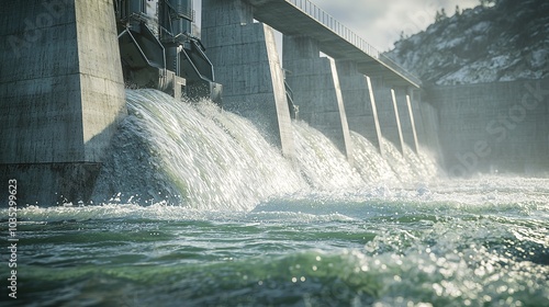 Generative ai on theme of hydroelectric power energy plant with large turbines and water spills photo