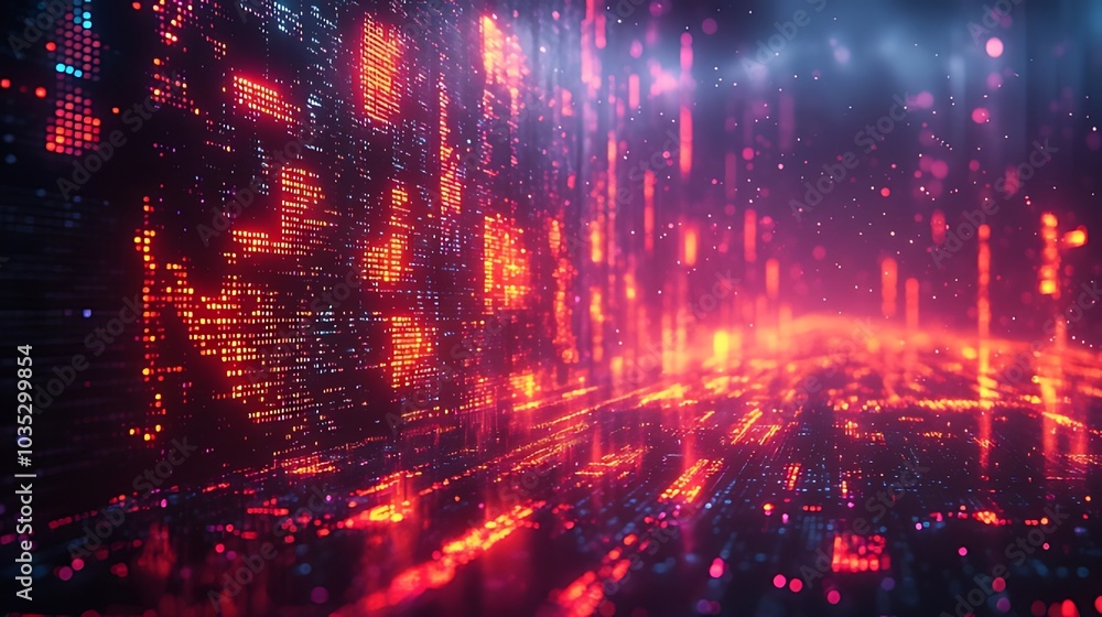 Fototapeta premium Abstract digital background with red and blue neon lights, lines, and particles.