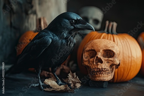 Skulls with Halloween pumpkins and a raven on a dark table. Halloween concept background  with generative ai