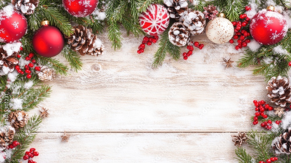 A cozy Christmas arrangement with red ornaments, pine branches, and snow on a rustic wooden tabletop for festive celebrations A cozy Christmas arrangement with red ornaments, pine branches, and snow on a rustic wooden tabletop for festive celebrations
