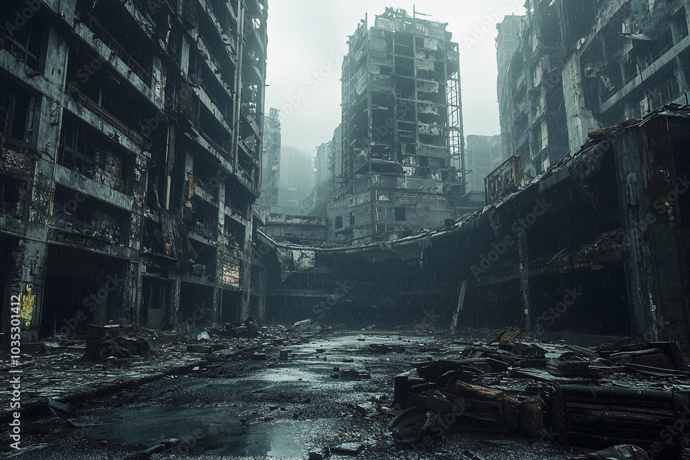 Abandoned urban landscape with decaying buildings on a foggy day Abandoned urban landscape with decaying buildings on a foggy day