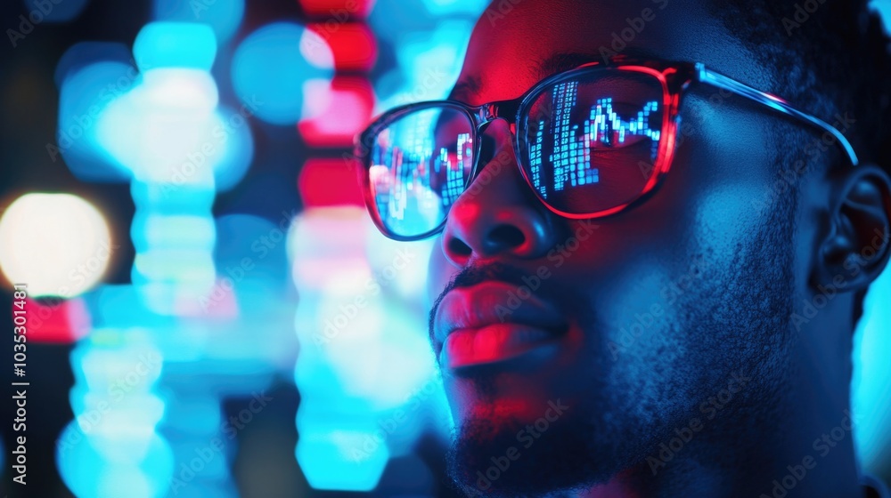 An African American man with holographic stock market charts in the background. An African American man with holographic stock market charts in the background.