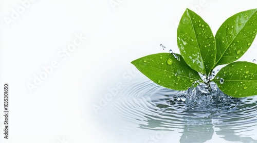 A photostock images of a refreshing splash of water and leaves, isolated on white background, High Quality