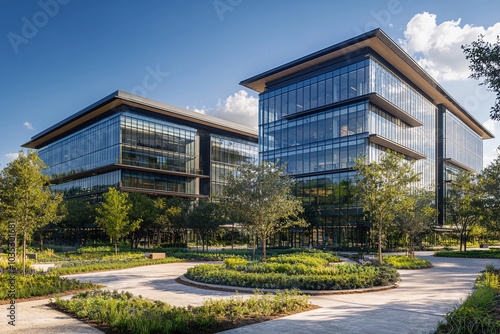 Modern glass office buildings surrounded by landscaped gardens