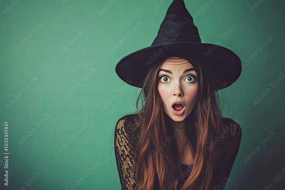 Surprised young woman dressed for Halloween as witch on green background with generative ai Surprised young woman dressed for Halloween as witch on green background with generative ai