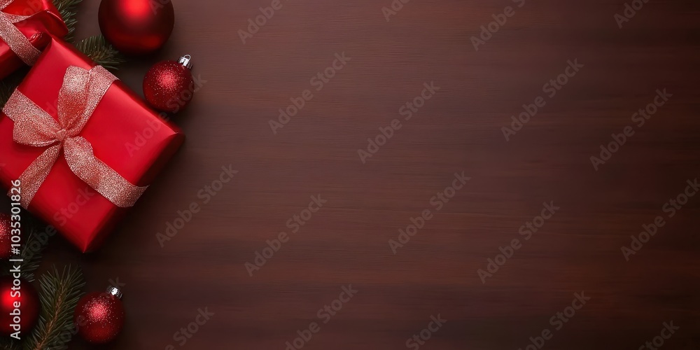 Festive Red Gifts and Ornaments on Wood Background