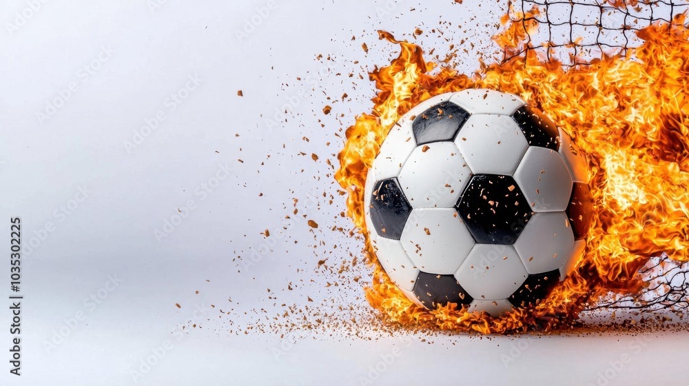 Naklejka premium A photostock images of a soccer ball hitting the net with fire, isolated on white background, High Quality