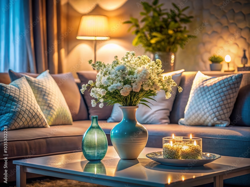 Blue Vase with White Flowers in Cozy Living Room with White Couch and Pillows - Low Light Photography Blue Vase with White Flowers in Cozy Living Room with White Couch and Pillows - Low Light Photography
