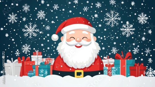 A cute Christmas-themed illustration of a smiling Santa Claus surrounded by cheerful snowflakes and presents, providing plenty of copy space for personalized holiday greetings.