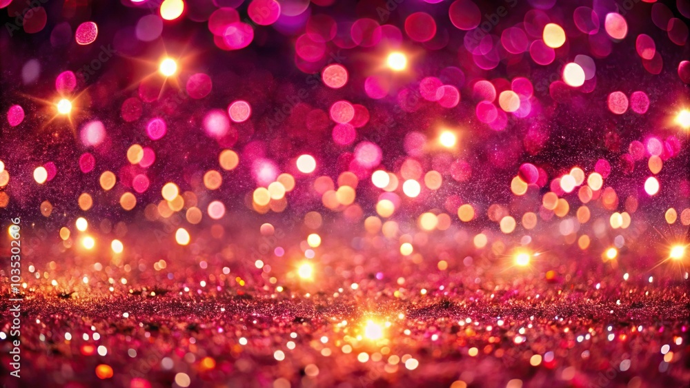 Description: Panoramic view of hot pink glitter defocused twinkly lights resembling an autumn equinox Description: Panoramic view of hot pink glitter defocused twinkly lights resembling an autumn equinox