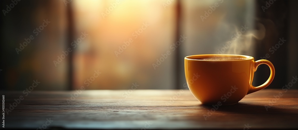 Fototapeta premium A lone coffee cup sits on a wooden table, steam rising softly, set against a muted backdrop, exuding warmth, Perfect For Advertising