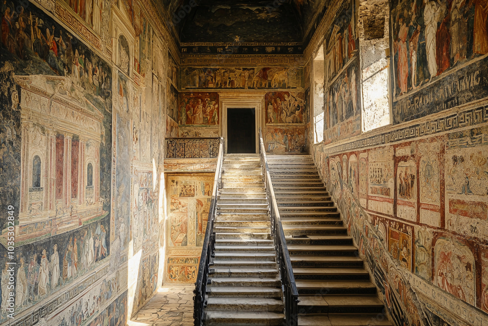Ancient staircase adorned with vibrant frescoes in historic building Ancient staircase adorned with vibrant frescoes in historic building