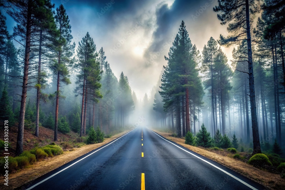 Fototapeta premium Deserted road scene with fog and pine trees