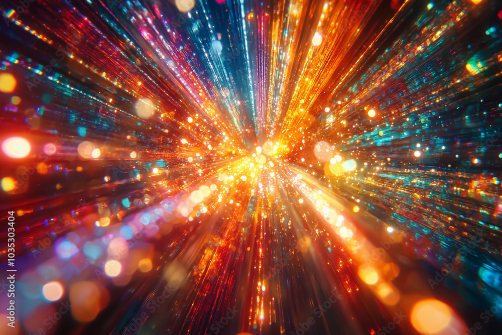 Colorful light rays burst through space in an abstract setting Colorful light rays burst through space in an abstract setting