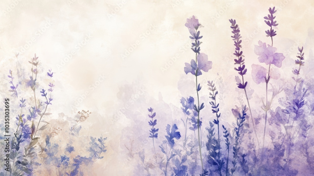 Obraz premium A serene watercolor floral landscape featuring delicate lavender and other soft blooms in shades of purple against a light background.